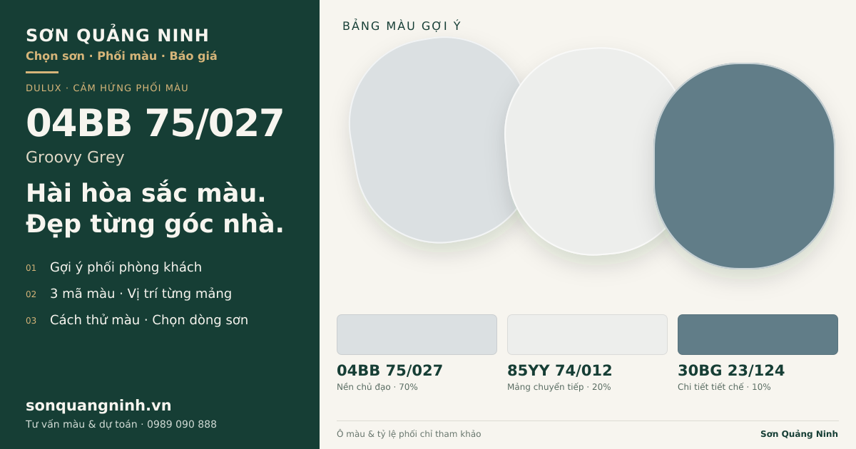Dulux 04BB 75/027 Groovy Grey · Phòng khách · Bộ phối 04BB 75/027 + 85YY 74/012 + 30BG 23/124. Bảng màu gợi ý; ảnh chỉ tham khảo.