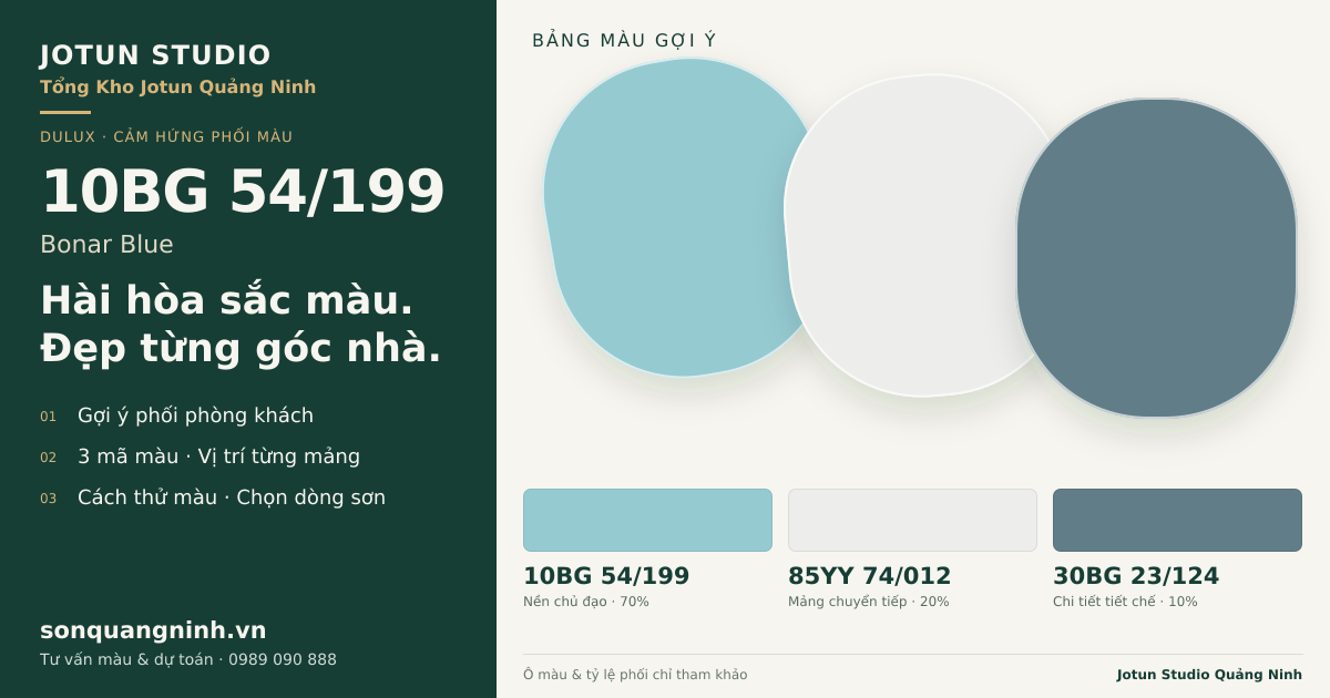 Dulux 10BG 54/199 Bonar Blue · Phòng khách · Bộ phối 10BG 54/199 + 85YY 74/012 + 30BG 23/124. Bảng màu gợi ý; ảnh chỉ tham khảo.