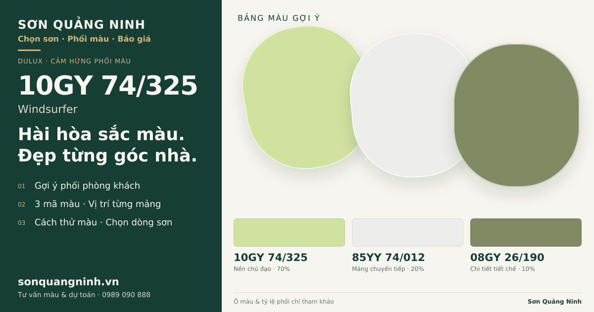 Dulux 10GY 74/325 Windsurfer · Phòng khách · Bộ phối 10GY 74/325 + 85YY 74/012 + 08GY 26/190. Bảng màu gợi ý; ảnh chỉ tham khảo.
