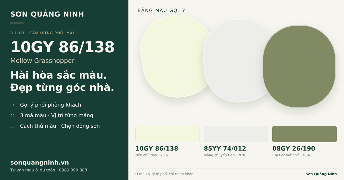 Dulux 10GY 86/138 Mellow Grasshopper · Phòng khách · Bộ phối 10GY 86/138 + 85YY 74/012 + 08GY 26/190. Bảng màu gợi ý; ảnh chỉ tham khảo.