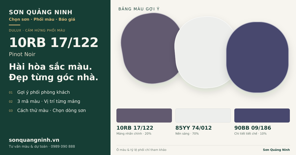Dulux 10RB 17/122 Pinot Noir · Phòng khách · Bộ phối 10RB 17/122 + 85YY 74/012 + 90BB 09/186. Bảng màu gợi ý; ảnh chỉ tham khảo.