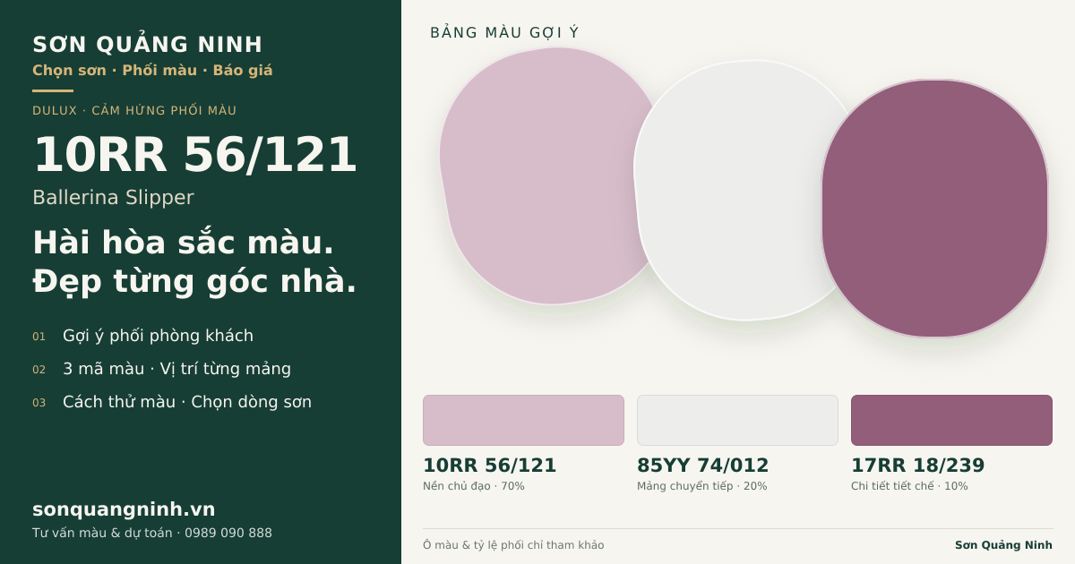 Dulux 10RR 56/121 Ballerina Slipper · Phòng khách · Bộ phối 10RR 56/121 + 85YY 74/012 + 17RR 18/239. Bảng màu gợi ý; ảnh chỉ tham khảo.