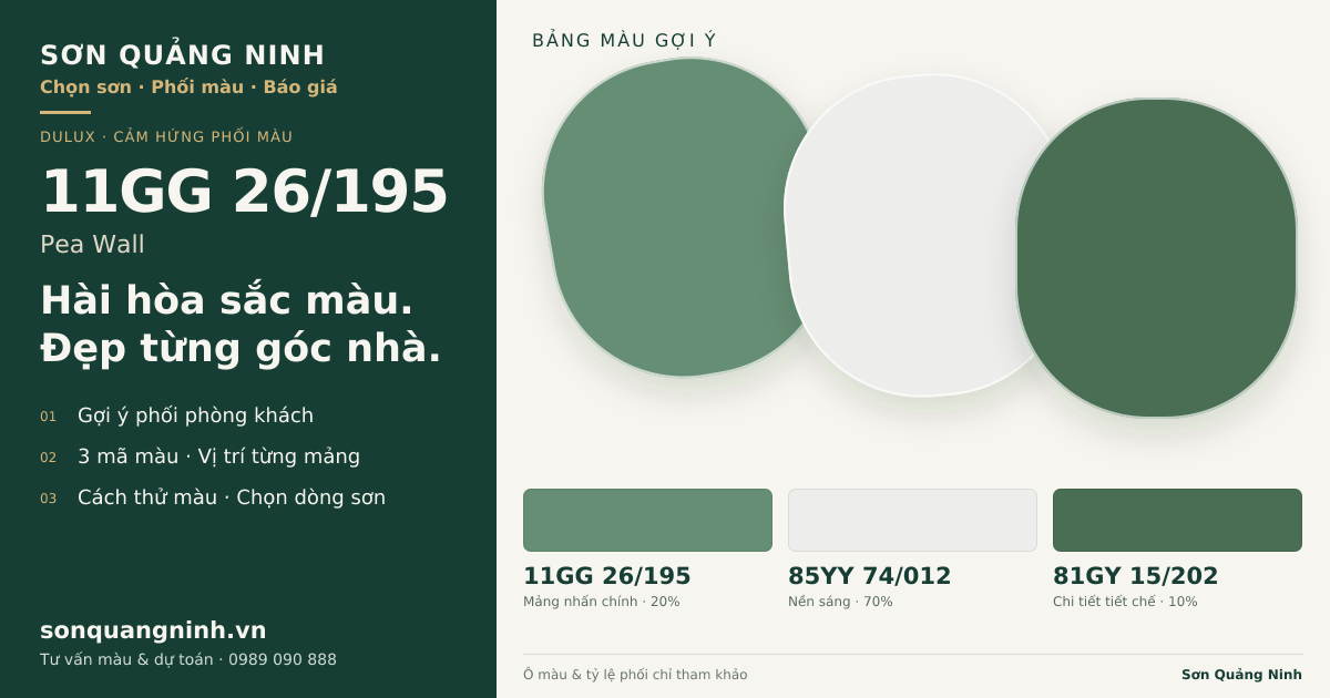Dulux 11GG 26/195 Pea Wall · Phòng khách · Bộ phối 11GG 26/195 + 85YY 74/012 + 81GY 15/202. Bảng màu gợi ý; ảnh chỉ tham khảo.