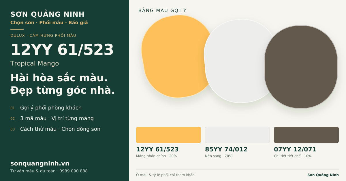Dulux 12YY 61/523 Tropical Mango · Phòng khách · Bộ phối 12YY 61/523 + 85YY 74/012 + 07YY 12/071. Bảng màu gợi ý; ảnh chỉ tham khảo.