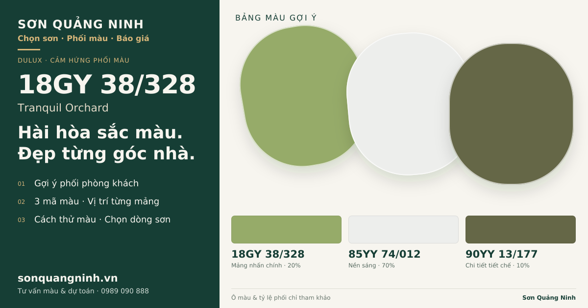 Dulux 18GY 38/328 Tranquil Orchard · Phòng khách · Bộ phối 18GY 38/328 + 85YY 74/012 + 90YY 13/177. Bảng màu gợi ý; ảnh chỉ tham khảo.