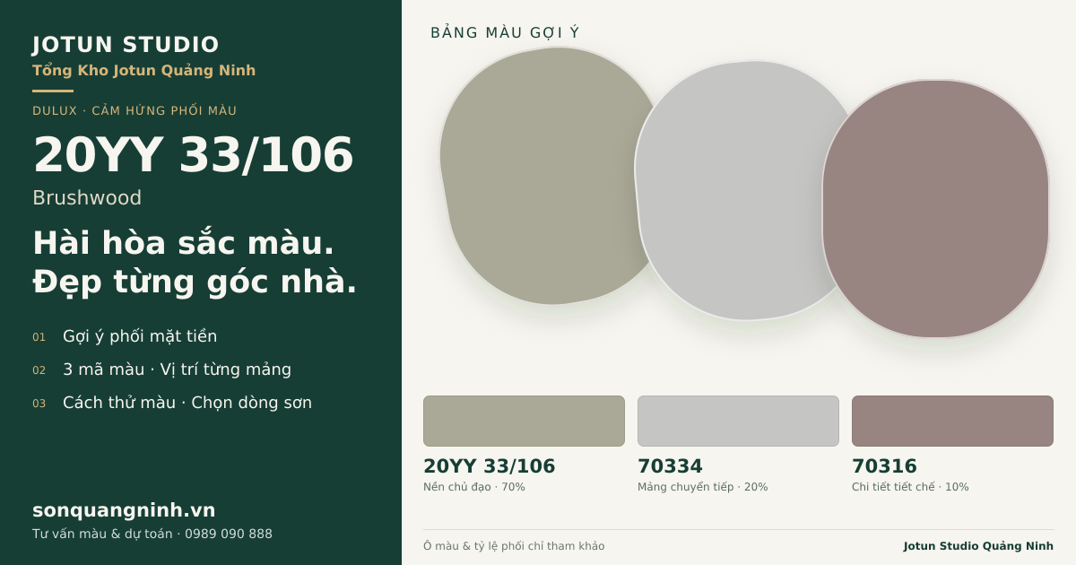 Dulux 20YY 33/106 Brushwood · Mặt tiền · Bộ phối 20YY 33/106 + 70334 + 70316. Bảng màu gợi ý; ảnh chỉ tham khảo.