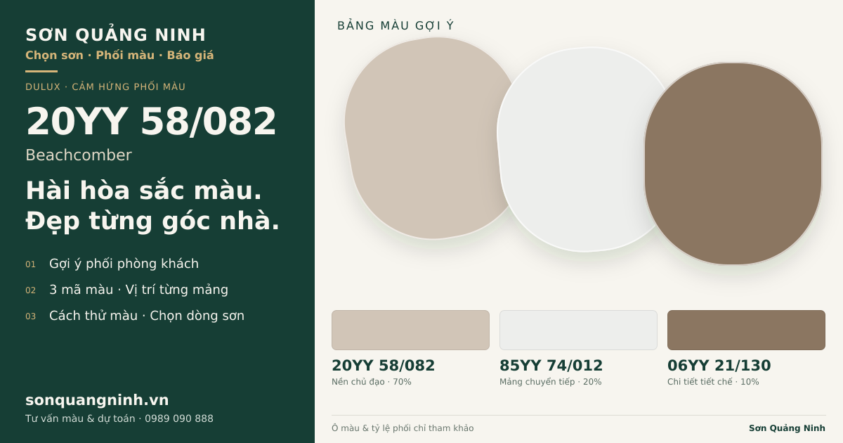 Dulux 20YY 58/082 Beachcomber · Phòng khách · Bộ phối 20YY 58/082 + 85YY 74/012 + 06YY 21/130. Bảng màu gợi ý; ảnh chỉ tham khảo.