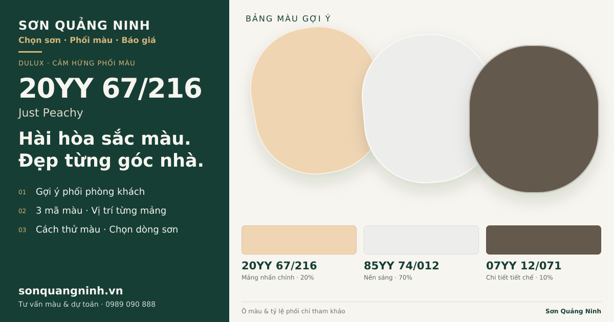 Dulux 20YY 67/216 Just Peachy · Phòng khách · Bộ phối 20YY 67/216 + 85YY 74/012 + 07YY 12/071. Bảng màu gợi ý; ảnh chỉ tham khảo.