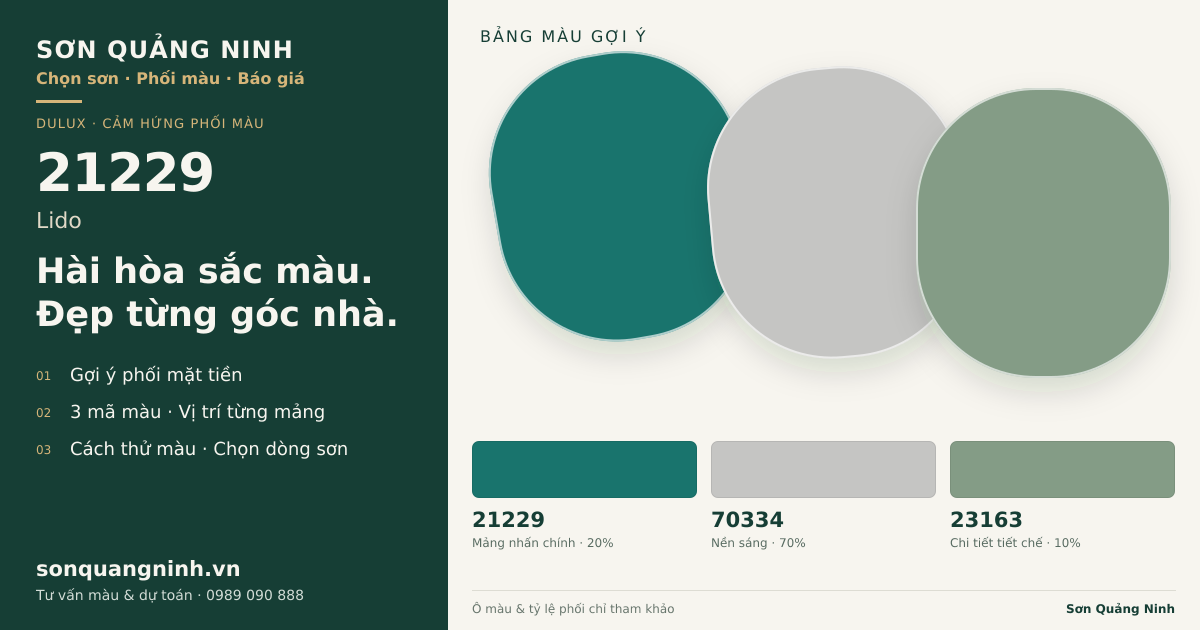Dulux 21229 Lido · Mặt tiền · Bộ phối 21229 + 70334 + 23163. Bảng màu gợi ý; ảnh chỉ tham khảo.