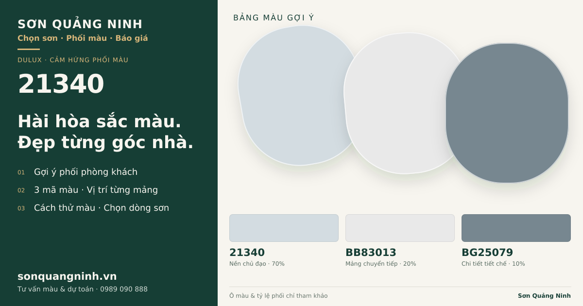 Dulux 21340 · Phòng khách · Bộ phối 21340 + BB83013 + BG25079. Bảng màu gợi ý; ảnh chỉ tham khảo.