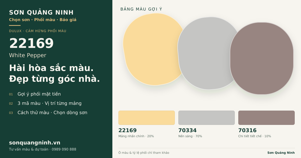 Dulux 22169 White Pepper · Mặt tiền · Bộ phối 22169 + 70334 + 70316. Bảng màu gợi ý; ảnh chỉ tham khảo.