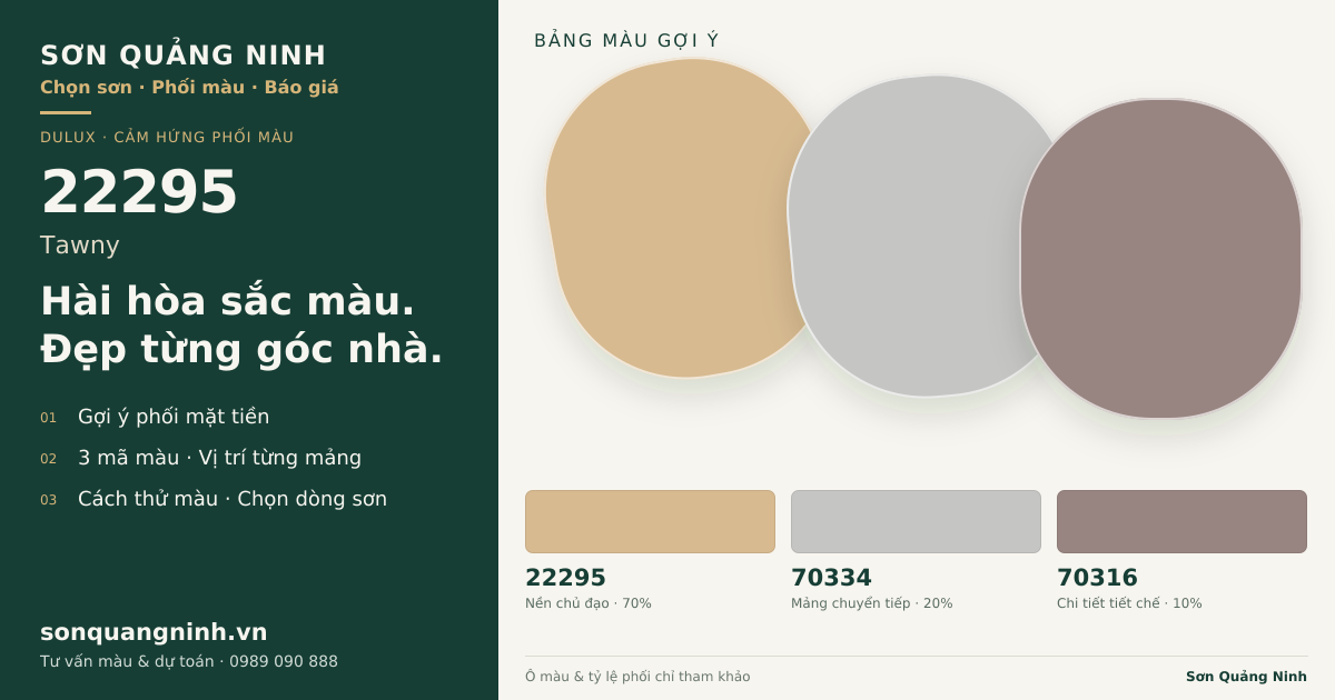 Dulux 22295 Tawny · Mặt tiền · Bộ phối 22295 + 70334 + 70316. Bảng màu gợi ý; ảnh chỉ tham khảo.