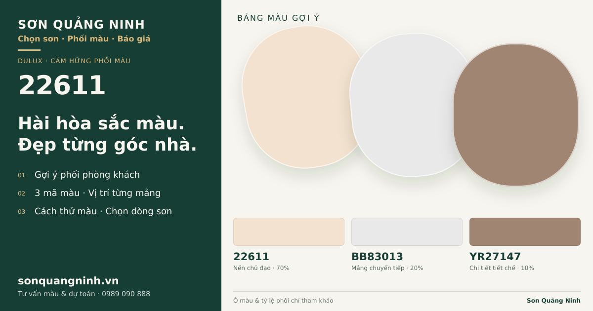Dulux 22611 · Phòng khách · Bộ phối 22611 + BB83013 + YR27147. Bảng màu gợi ý; ảnh chỉ tham khảo.