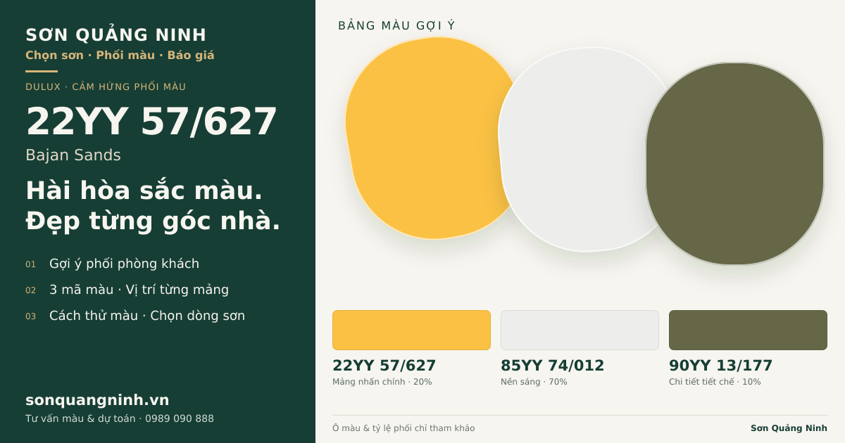 Dulux 22YY 57/627 Bajan Sands · Phòng khách · Bộ phối 22YY 57/627 + 85YY 74/012 + 90YY 13/177. Bảng màu gợi ý; ảnh chỉ tham khảo.