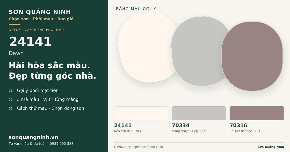 Dulux 24141 Dawn · Mặt tiền · Bộ phối 24141 + 70334 + 70316. Bảng màu gợi ý; ảnh chỉ tham khảo.