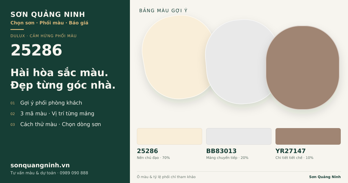 Dulux 25286 · Phòng khách · Bộ phối 25286 + BB83013 + YR27147. Bảng màu gợi ý; ảnh chỉ tham khảo.