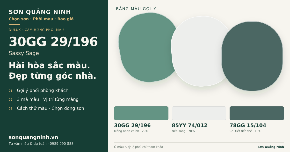 Dulux 30GG 29/196 Sassy Sage · Phòng khách · Bộ phối 30GG 29/196 + 85YY 74/012 + 78GG 15/104. Bảng màu gợi ý; ảnh chỉ tham khảo.