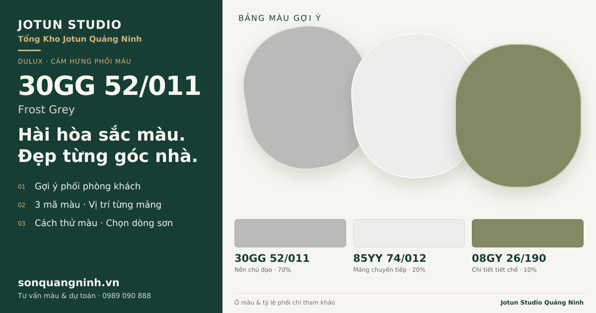 Dulux 30GG 52/011 Frost Grey · Phòng khách · Bộ phối 30GG 52/011 + 85YY 74/012 + 08GY 26/190. Bảng màu gợi ý; ảnh chỉ tham khảo.