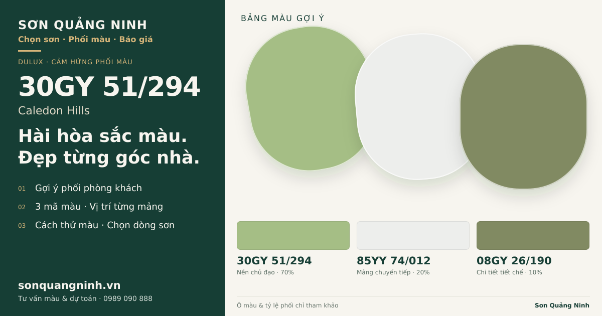 Dulux 30GY 51/294 Caledon Hills · Phòng khách · Bộ phối 30GY 51/294 + 85YY 74/012 + 08GY 26/190. Bảng màu gợi ý; ảnh chỉ tham khảo.