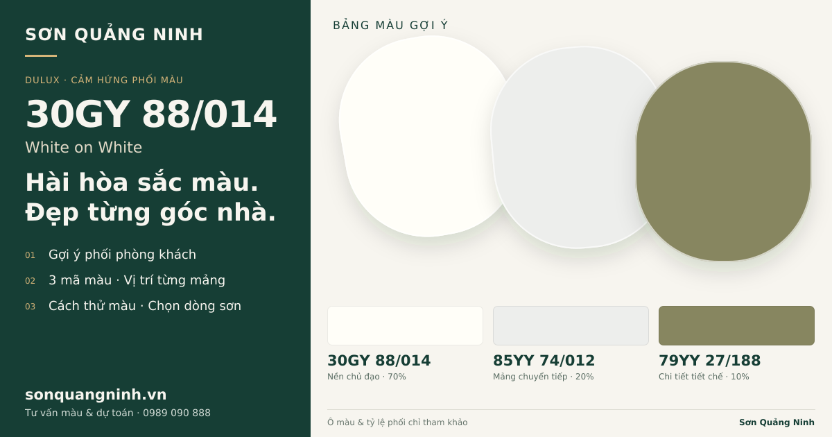 Dulux 30GY 88/014 White on White · Phòng khách · Bộ phối 30GY 88/014 + 85YY 74/012 + 79YY 27/188. Bảng màu gợi ý; ảnh chỉ tham khảo.