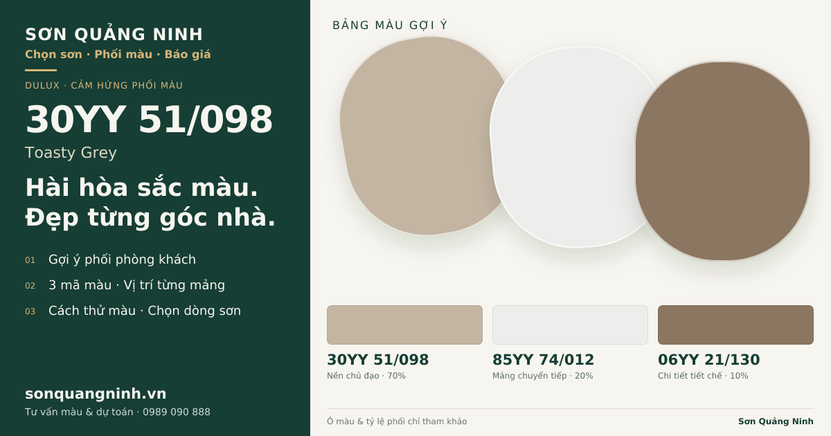 Dulux 30YY 51/098 Toasty Grey · Phòng khách · Bộ phối 30YY 51/098 + 85YY 74/012 + 06YY 21/130. Bảng màu gợi ý; ảnh chỉ tham khảo.