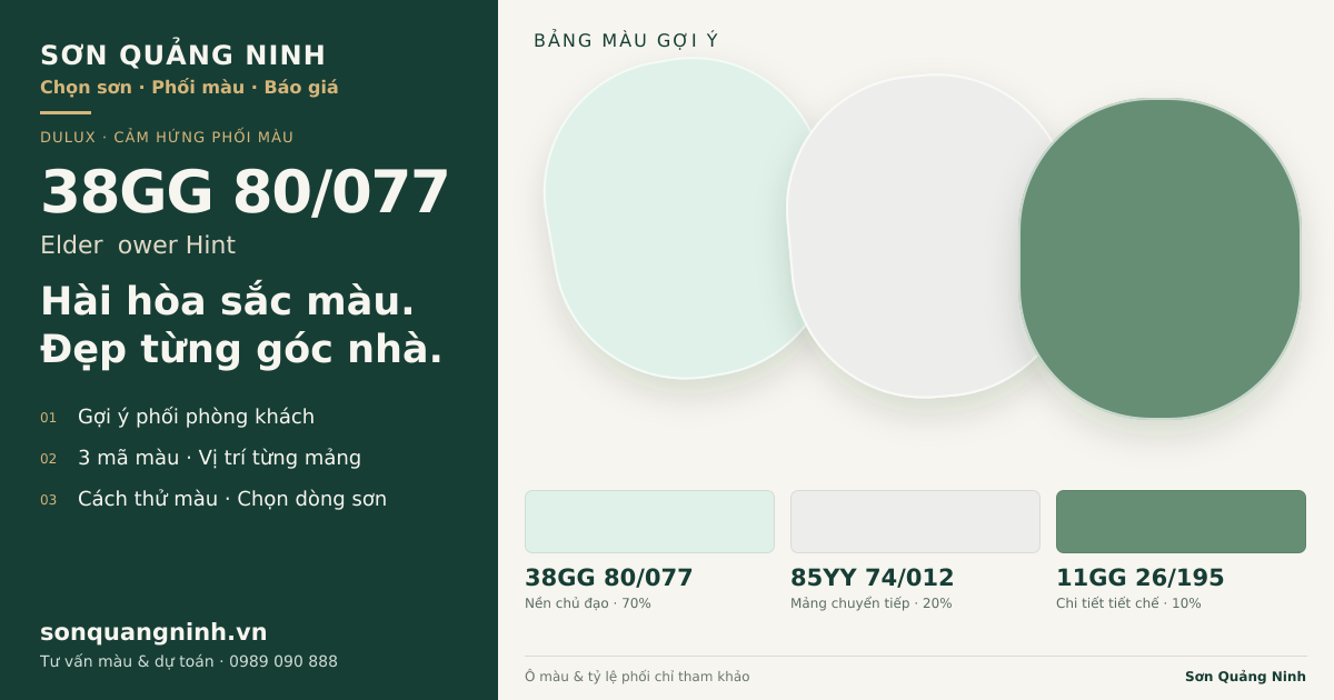 Dulux 38GG 80/077 Elderflower Hint · Phòng khách · Bộ phối 38GG 80/077 + 85YY 74/012 + 11GG 26/195. Bảng màu gợi ý; ảnh chỉ tham khảo.