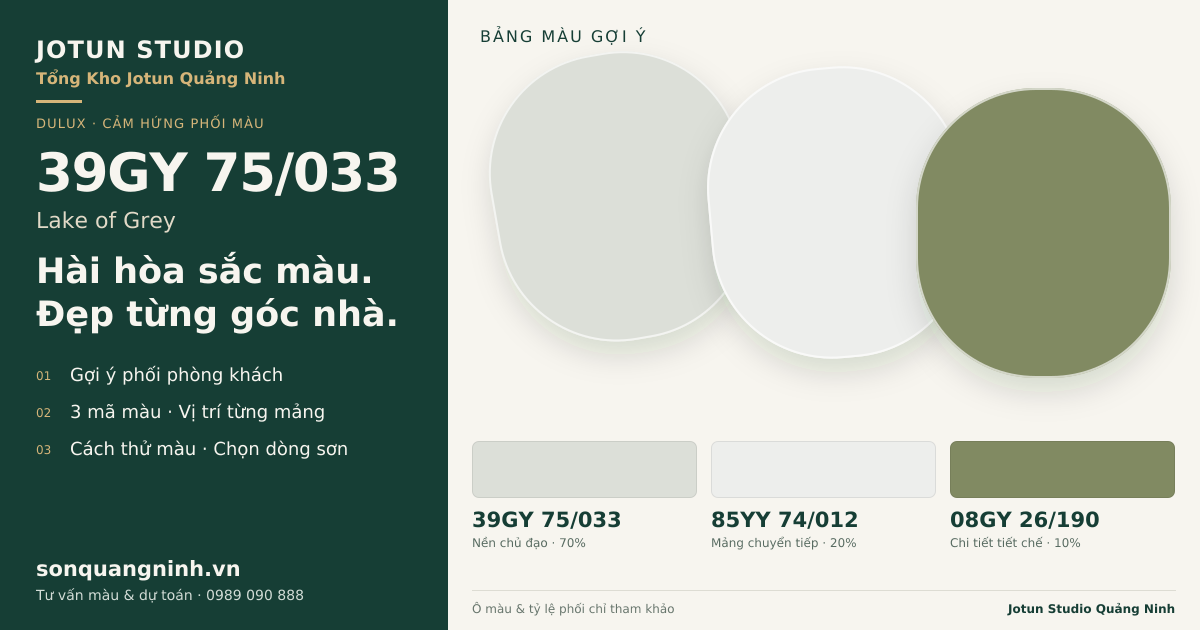 Dulux 39GY 75/033 Lake of Grey · Phòng khách · Bộ phối 39GY 75/033 + 85YY 74/012 + 08GY 26/190. Bảng màu gợi ý; ảnh chỉ tham khảo.