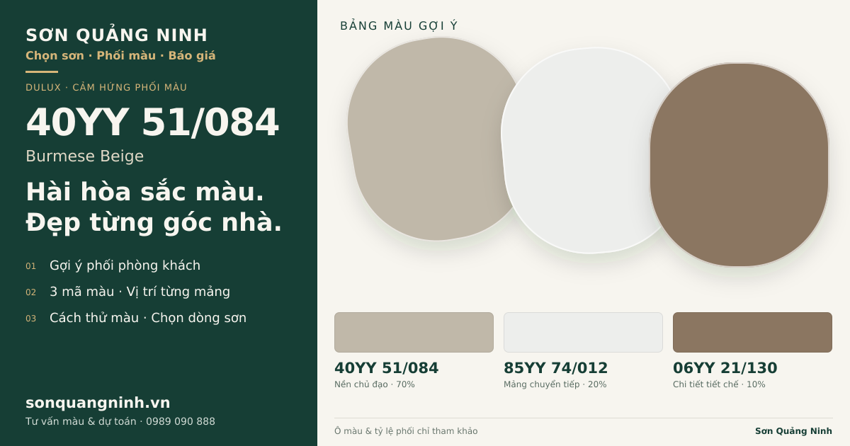 Dulux 40YY 51/084 Burmese Beige · Phòng khách · Bộ phối 40YY 51/084 + 85YY 74/012 + 06YY 21/130. Bảng màu gợi ý; ảnh chỉ tham khảo.