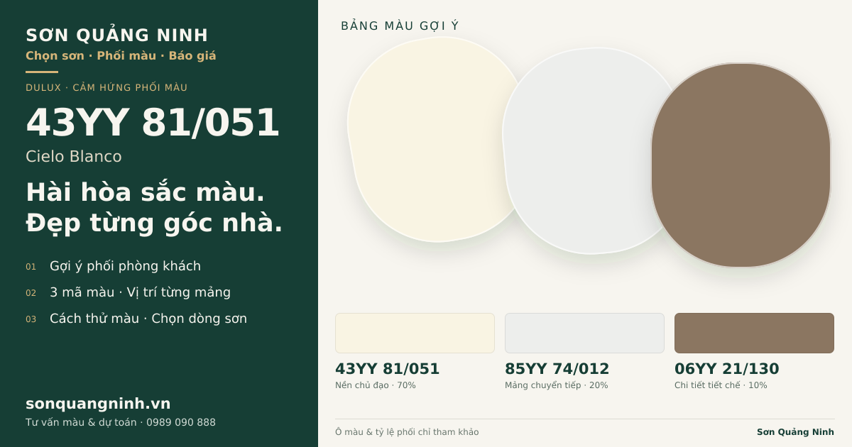 Dulux 43YY 81/051 Cielo Blanco · Phòng khách · Bộ phối 43YY 81/051 + 85YY 74/012 + 06YY 21/130. Bảng màu gợi ý; ảnh chỉ tham khảo.