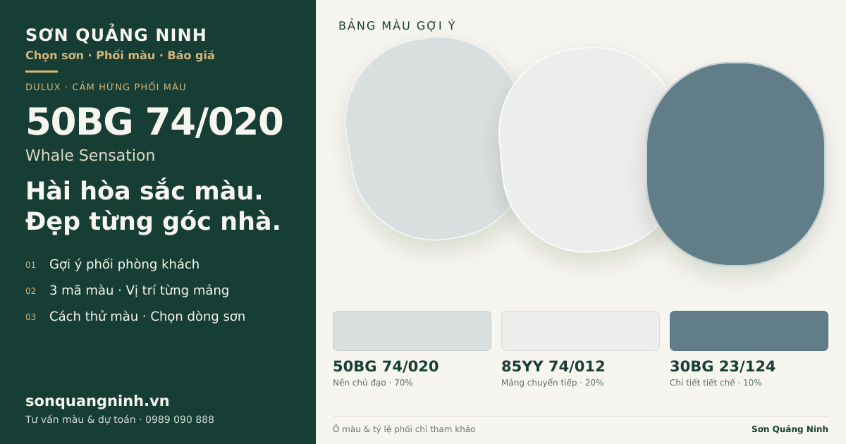 Dulux 50BG 74/020 Whale Sensation · Phòng khách · Bộ phối 50BG 74/020 + 85YY 74/012 + 30BG 23/124. Bảng màu gợi ý; ảnh chỉ tham khảo.