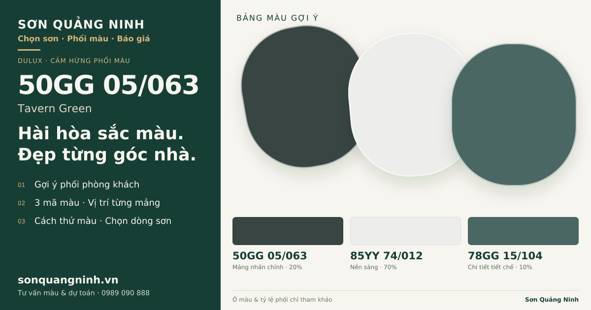 Dulux 50GG 05/063 Tavern Green · Phòng khách · Bộ phối 50GG 05/063 + 85YY 74/012 + 78GG 15/104. Bảng màu gợi ý; ảnh chỉ tham khảo.