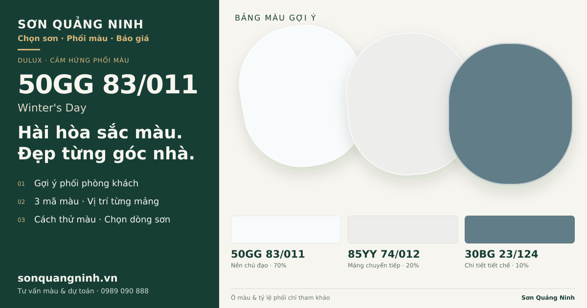 Dulux 50GG 83/011 Winter's Day · Phòng khách · Bộ phối 50GG 83/011 + 85YY 74/012 + 30BG 23/124. Bảng màu gợi ý; ảnh chỉ tham khảo.