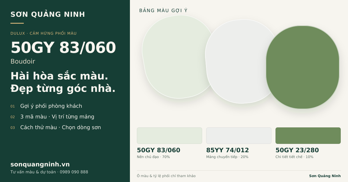 Dulux 50GY 83/060 Boudoir · Phòng khách · Bộ phối 50GY 83/060 + 85YY 74/012 + 50GY 23/280. Bảng màu gợi ý; ảnh chỉ tham khảo.