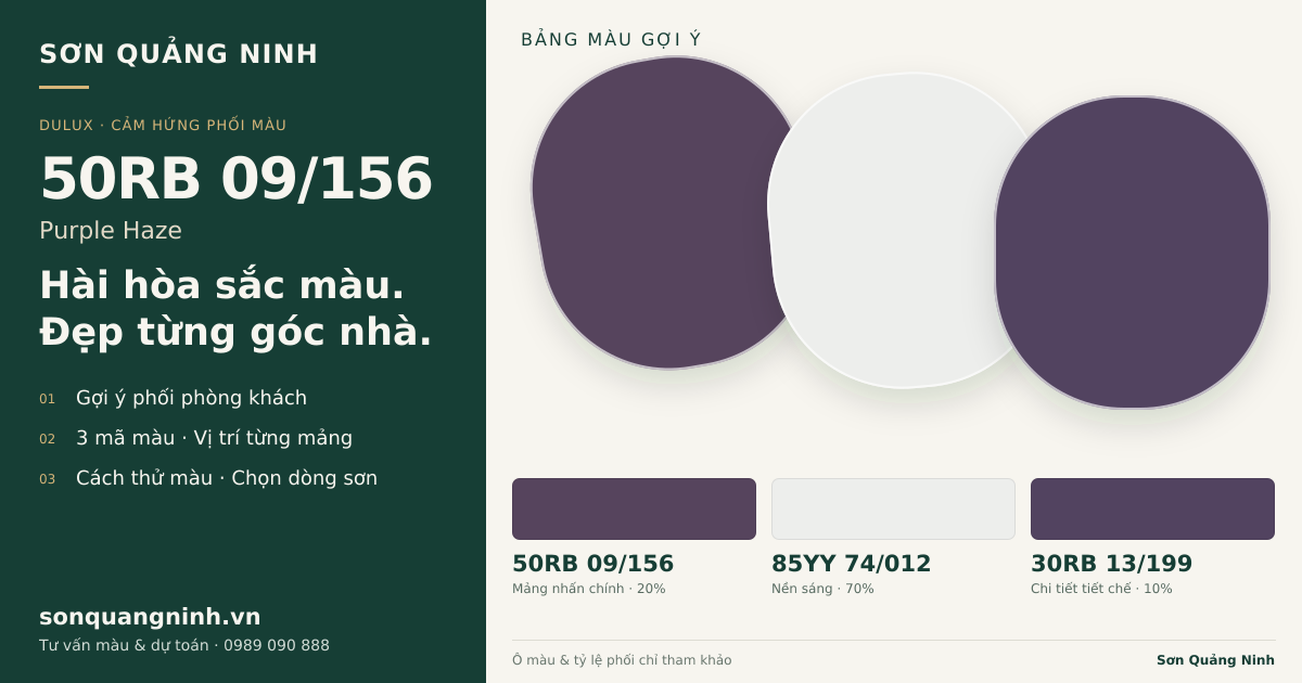 Dulux 50RB 09/156 Purple Haze · Phòng khách · Bộ phối 50RB 09/156 + 85YY 74/012 + 30RB 13/199. Bảng màu gợi ý; ảnh chỉ tham khảo.