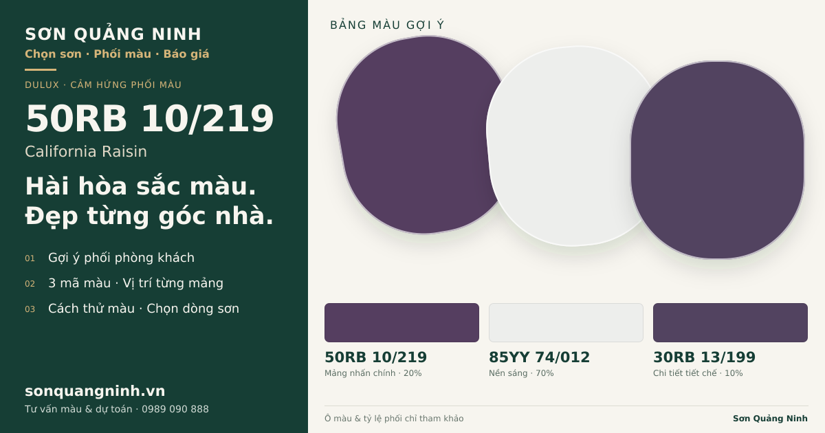 Dulux 50RB 10/219 California Raisin · Phòng khách · Bộ phối 50RB 10/219 + 85YY 74/012 + 30RB 13/199. Bảng màu gợi ý; ảnh chỉ tham khảo.
