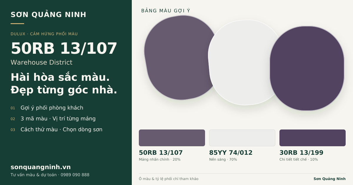 Dulux 50RB 13/107 Warehouse District · Phòng khách · Bộ phối 50RB 13/107 + 85YY 74/012 + 30RB 13/199. Bảng màu gợi ý; ảnh chỉ tham khảo.