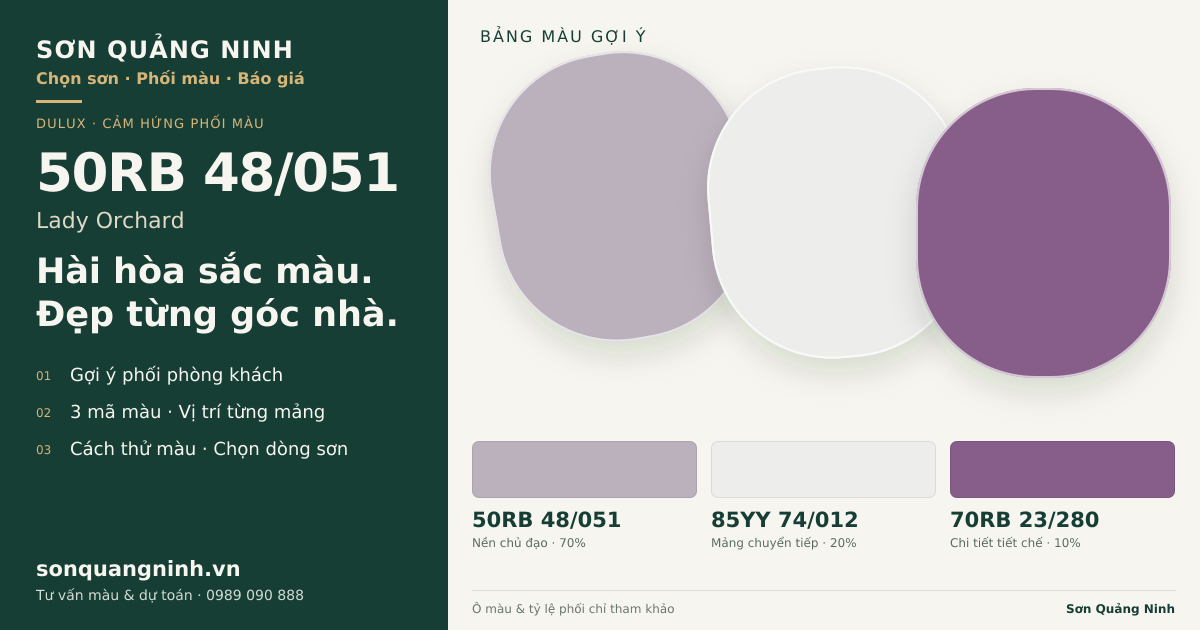 Dulux 50RB 48/051 Lady Orchard · Phòng khách · Bộ phối 50RB 48/051 + 85YY 74/012 + 70RB 23/280. Bảng màu gợi ý; ảnh chỉ tham khảo.