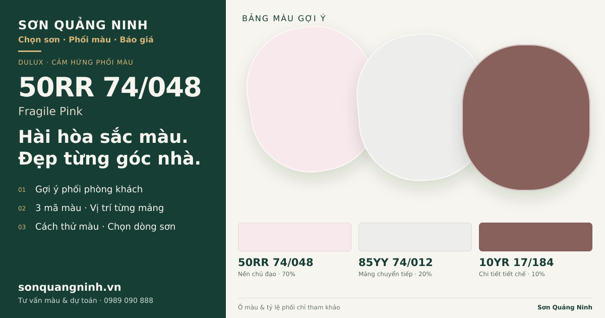 Dulux 50RR 74/048 Fragile Pink · Phòng khách · Bộ phối 50RR 74/048 + 85YY 74/012 + 10YR 17/184. Bảng màu gợi ý; ảnh chỉ tham khảo.