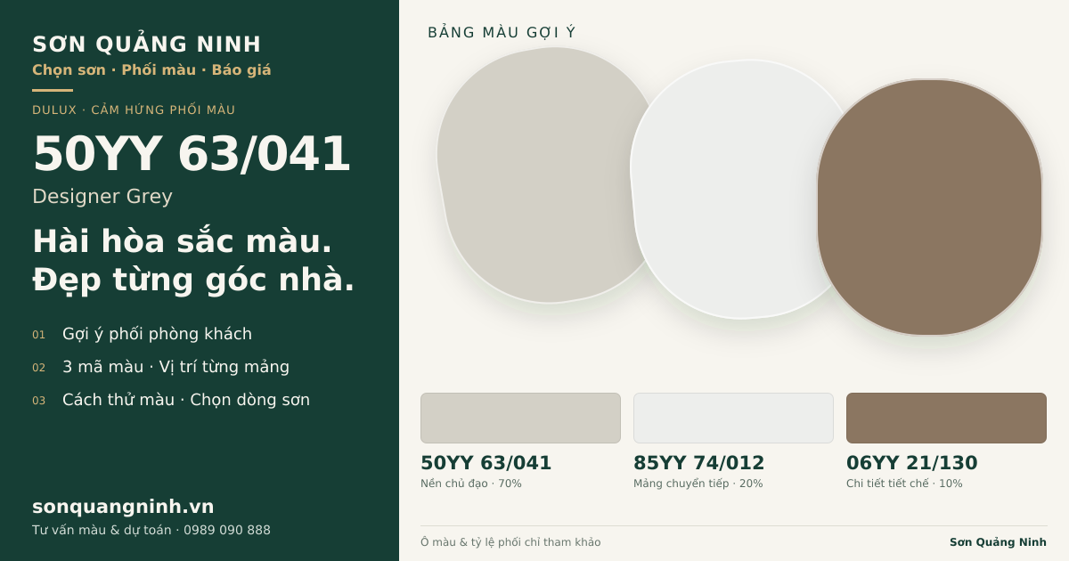 Dulux 50YY 63/041 Designer Grey · Phòng khách · Bộ phối 50YY 63/041 + 85YY 74/012 + 06YY 21/130. Bảng màu gợi ý; ảnh chỉ tham khảo.
