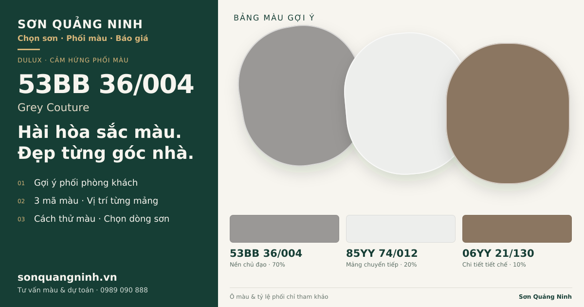 Dulux 53BB 36/004 Grey Couture · Phòng khách · Bộ phối 53BB 36/004 + 85YY 74/012 + 06YY 21/130. Bảng màu gợi ý; ảnh chỉ tham khảo.