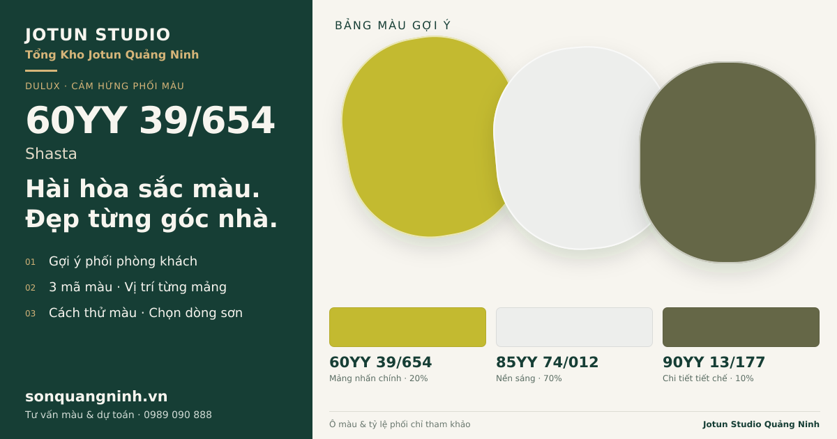 Dulux 60YY 39/654 Shasta · Phòng khách · Bộ phối 60YY 39/654 + 85YY 74/012 + 90YY 13/177. Bảng màu gợi ý; ảnh chỉ tham khảo.