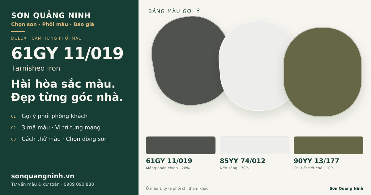 Dulux 61GY 11/019 Tarnished Iron · Phòng khách · Bộ phối 61GY 11/019 + 85YY 74/012 + 90YY 13/177. Bảng màu gợi ý; ảnh chỉ tham khảo.