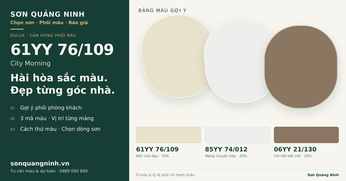Dulux 61YY 76/109 City Morning · Phòng khách · Bộ phối 61YY 76/109 + 85YY 74/012 + 06YY 21/130. Bảng màu gợi ý; ảnh chỉ tham khảo.