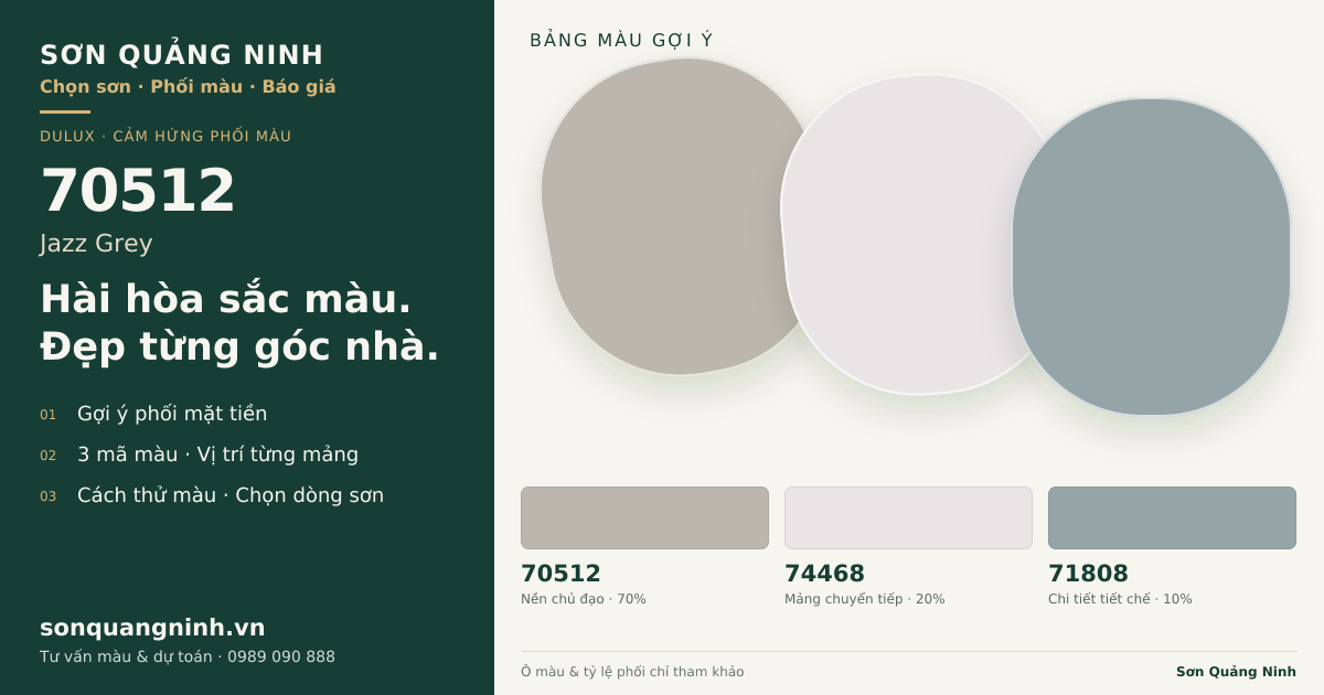Dulux 70512 Jazz Grey · Mặt tiền · Bộ phối 70512 + 74468 + 71808. Bảng màu gợi ý; ảnh chỉ tham khảo.