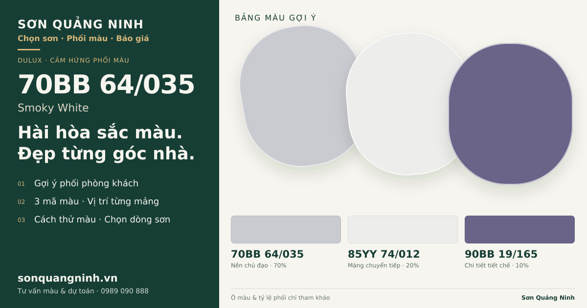 Dulux 70BB 64/035 Smoky White · Phòng khách · Bộ phối 70BB 64/035 + 85YY 74/012 + 90BB 19/165. Bảng màu gợi ý; ảnh chỉ tham khảo.