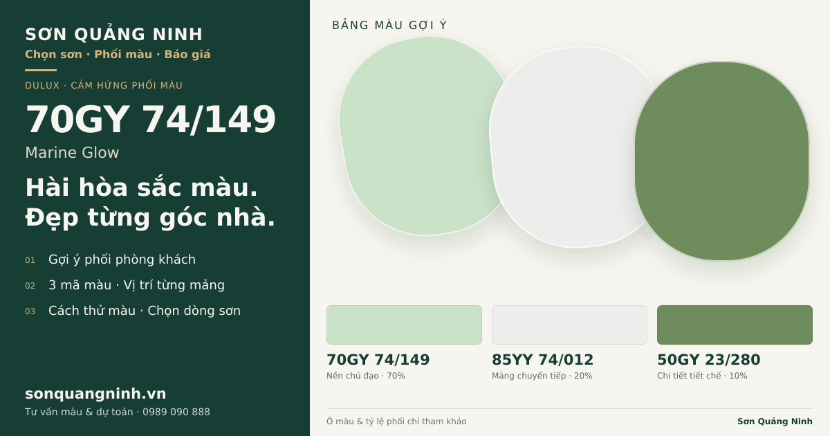 Dulux 70GY 74/149 Marine Glow · Phòng khách · Bộ phối 70GY 74/149 + 85YY 74/012 + 50GY 23/280. Bảng màu gợi ý; ảnh chỉ tham khảo.