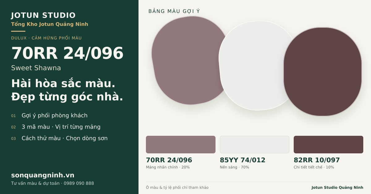 Dulux 70RR 24/096 Sweet Shawna · Phòng khách · Bộ phối 70RR 24/096 + 85YY 74/012 + 82RR 10/097. Bảng màu gợi ý; ảnh chỉ tham khảo.