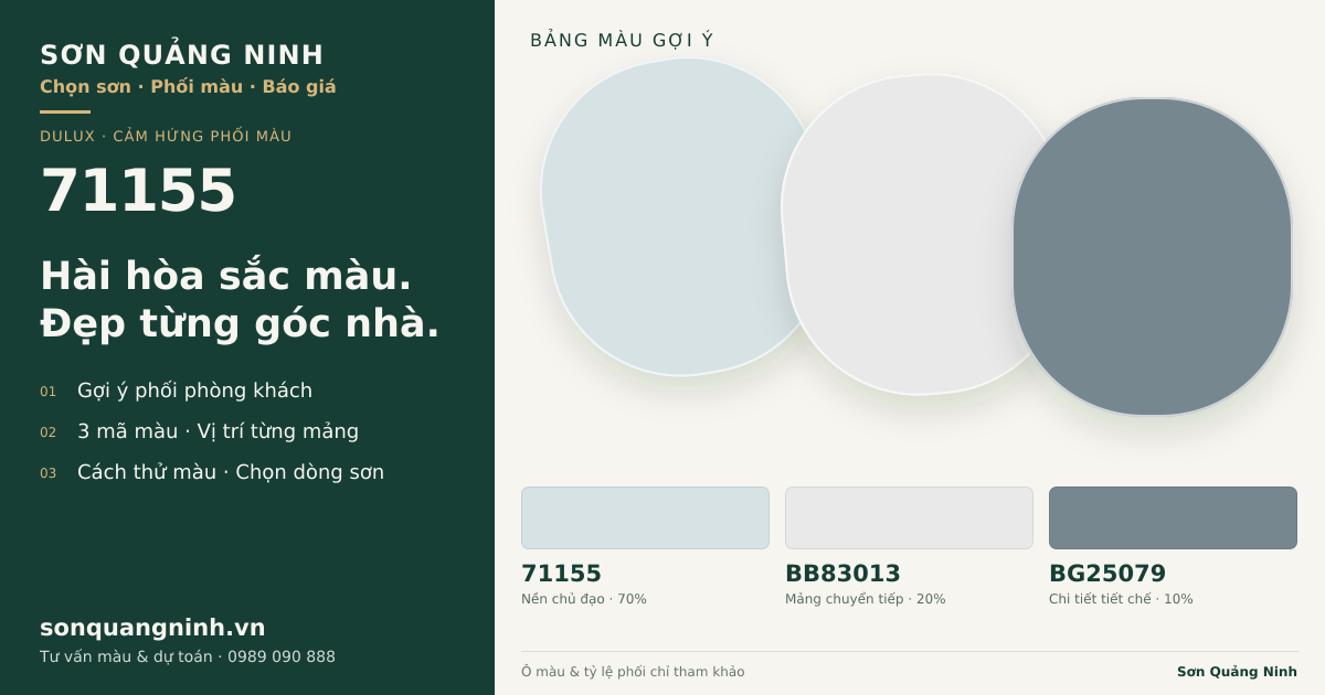 Dulux 71155 · Phòng khách · Bộ phối 71155 + BB83013 + BG25079. Bảng màu gợi ý; ảnh chỉ tham khảo.