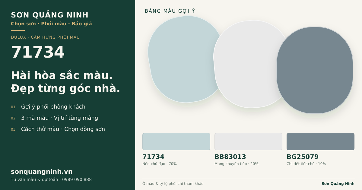 Dulux 71734 · Phòng khách · Bộ phối 71734 + BB83013 + BG25079. Bảng màu gợi ý; ảnh chỉ tham khảo.