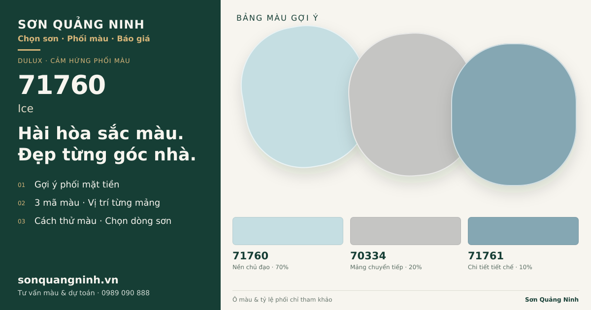 Dulux 71760 Ice · Mặt tiền · Bộ phối 71760 + 70334 + 71761. Bảng màu gợi ý; ảnh chỉ tham khảo.